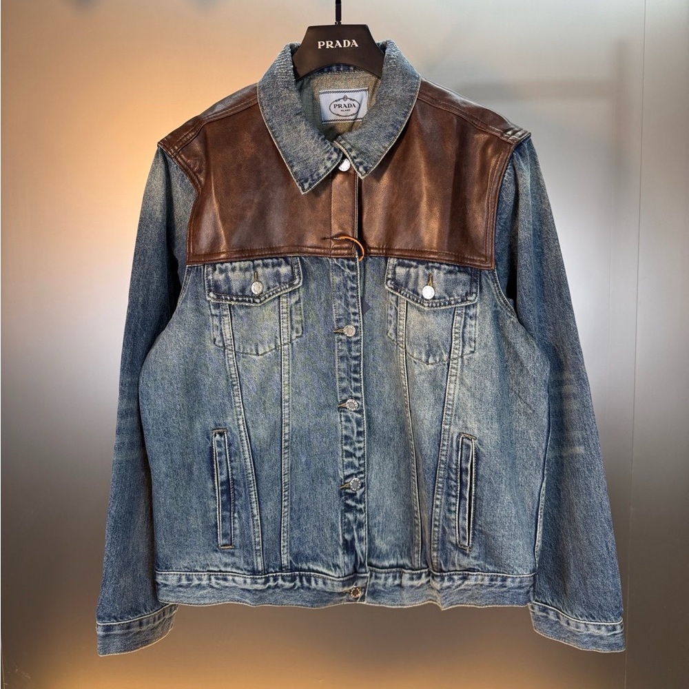 Prada Denim Bomber Jacket with Brown Leather Yoke